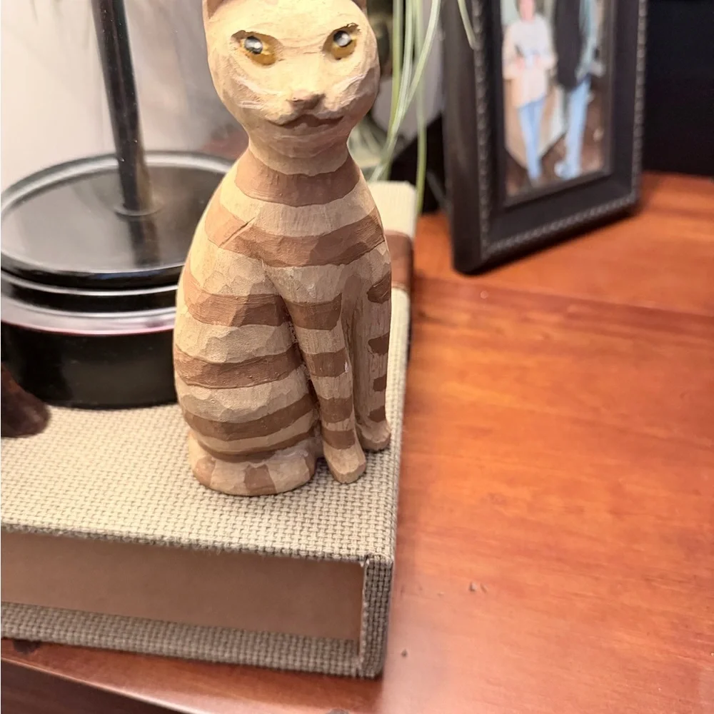 Handcarved wood Striped Cat Figurine